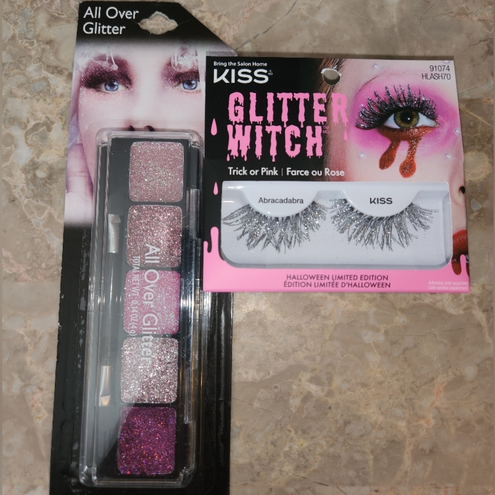 Halloween Glitter Makeup Set With Glitter Eyelashes Pink Silver